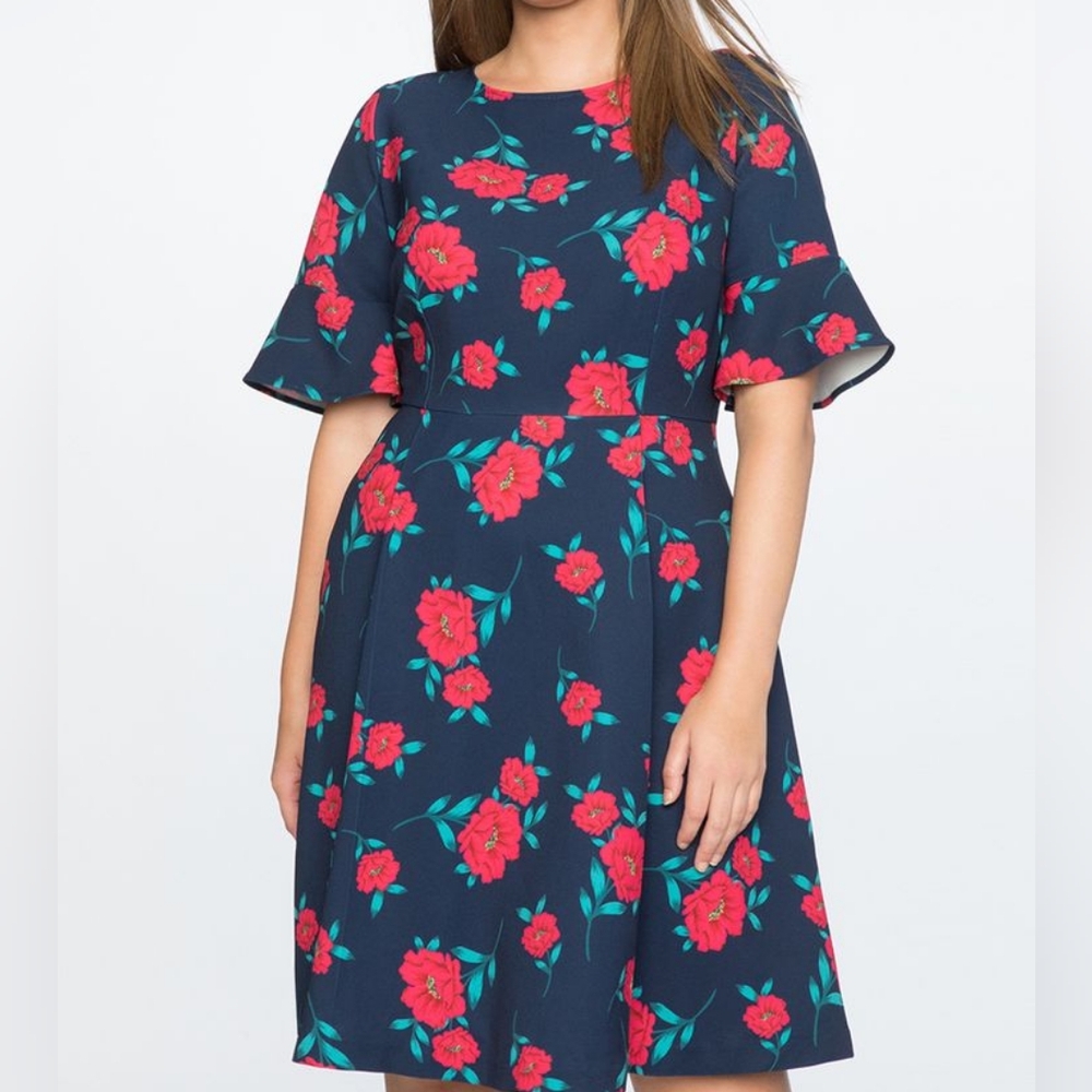 Draper James x Eloquii Navy Blue Floral Fit And Flare Dress